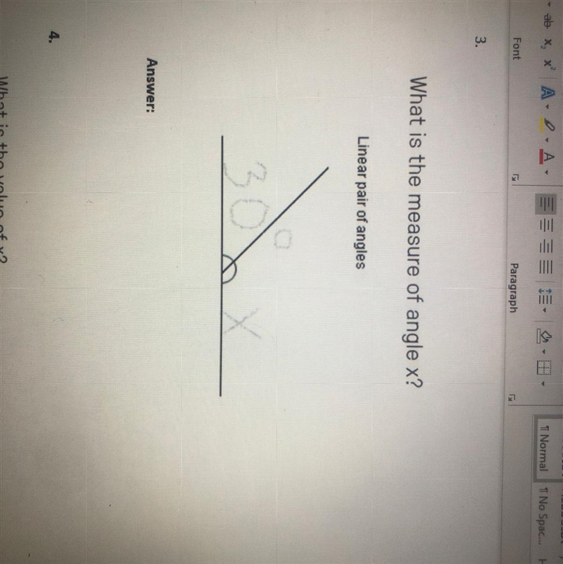 What is the measure of angle x? Linear pair of angles 30-example-1