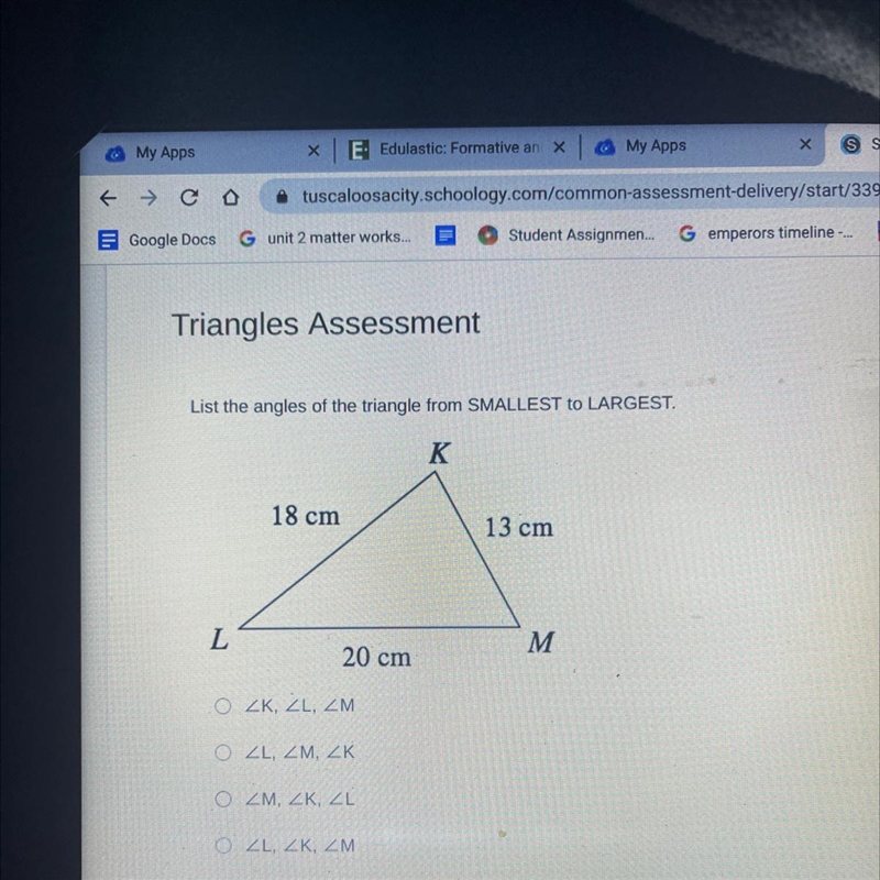 List the angles of the triangle from SMALLEST to LARGEST .-example-1