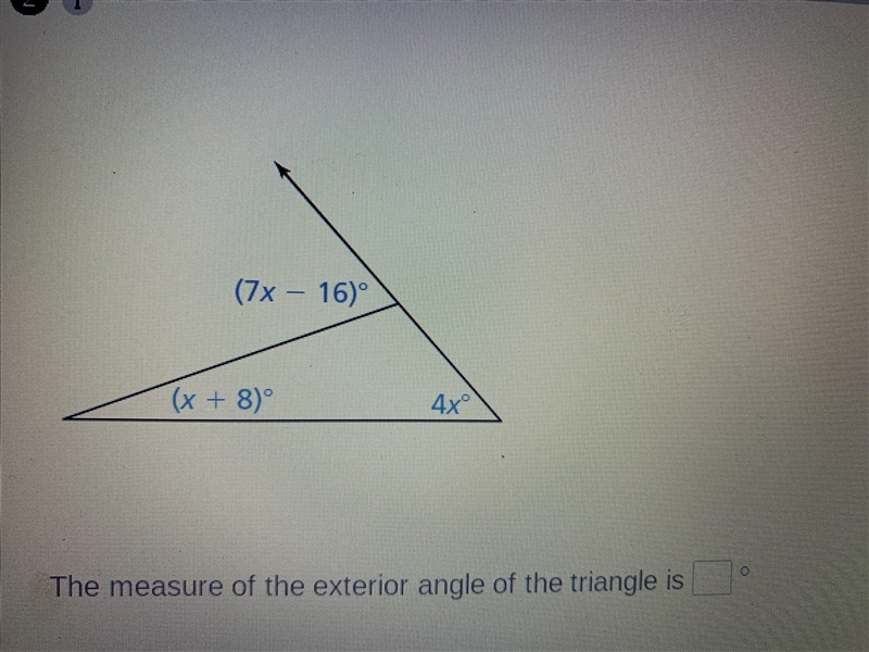 The measure of the exterior angle of the triangle is what?-example-1