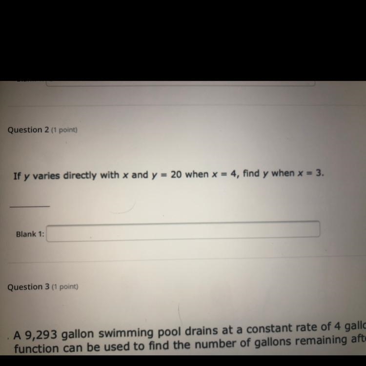 Pls help. If y varies directly with x and y=20 when x=4, find y when x=3-example-1