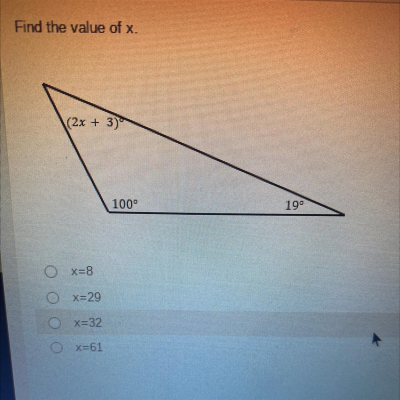 Find the value of x. (2x + 3) 100° 199-example-1