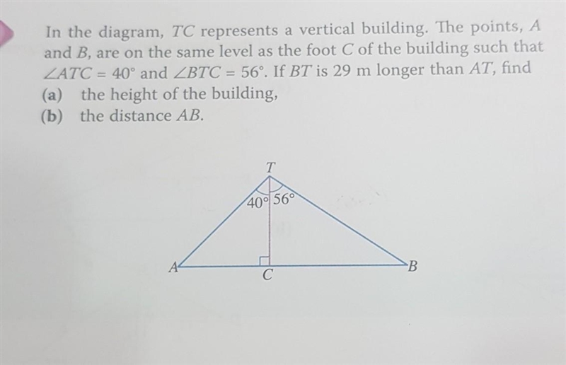 In the diagram, TC represents a vertical building. The points, A and B, are on the-example-1