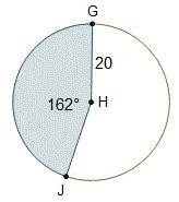 Circle H is shown. Line segments G H and J H are radii. The length of G H is 20. Angle-example-1