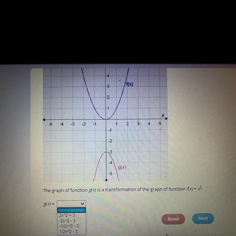 The graph of function g(x) is a transformation of the graph of function f(x) = x2.-example-1