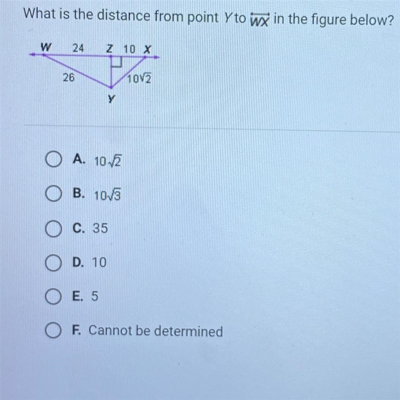 What is the distance from point to wx in the figure below? W 24 Z 10 X Pro 26 1012 y-example-1