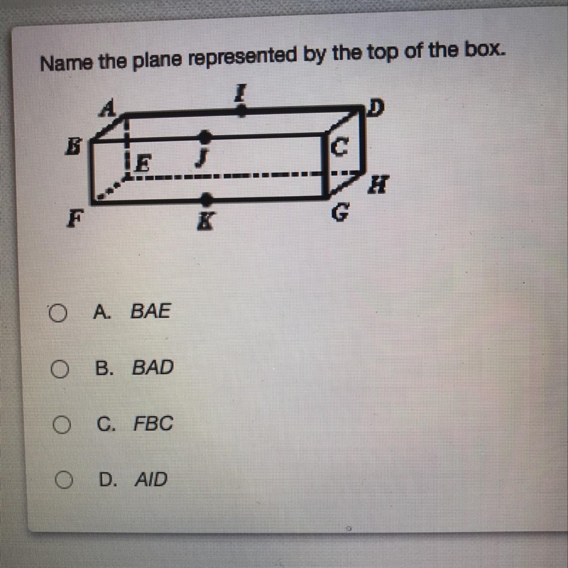 !!50 POINTS!! Name the plane represented by the top of the box.-example-1