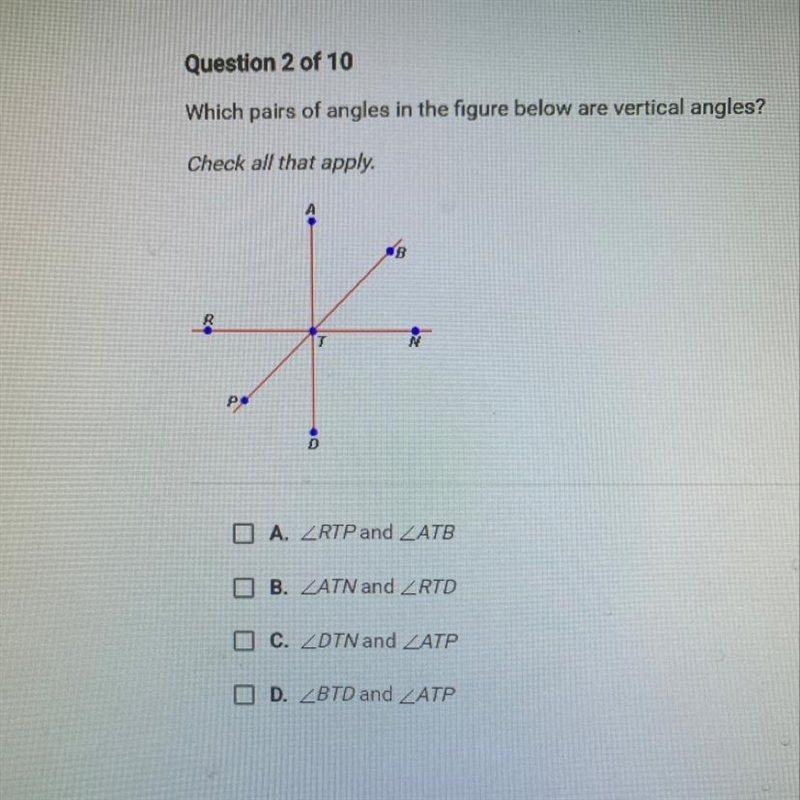 Which pairs of angles in the figure below are vertical angles?-example-1