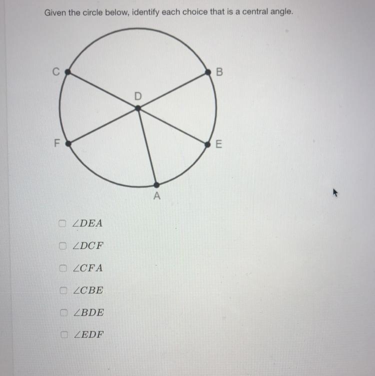 Please identify each that are central angles!!-example-1