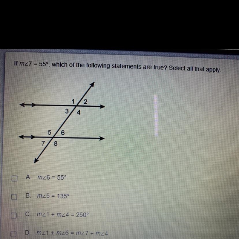 If m27 = 55°, which of the following statements are true? Select all that apply. 2 3 4 5/6 8 A-example-1