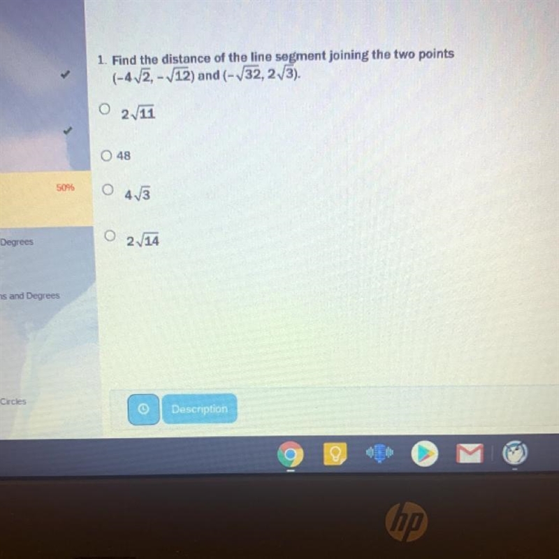 Find the distance of the line segment joining the two points (-4 /2 - /12) and (/32, 2/3)-example-1