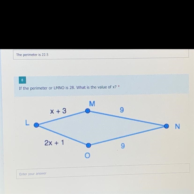 If the perimeter of LMNO is 28. what is the value of x?-example-1