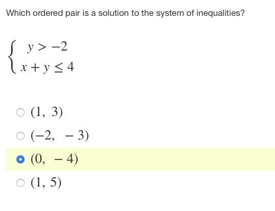 Which ordered pair is a solution to the system of inequalities? y>−2 and x+y≤4-example-1