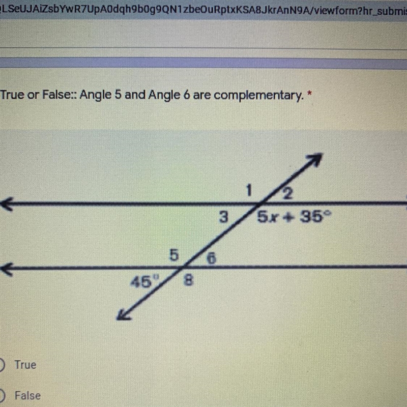 1. True or False:: Angle 5 and Angle 6 are complementary.-example-1