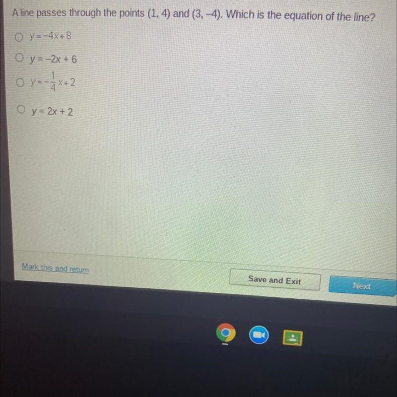 A line passes through the points (1, 4) and (3, 4). Which is the equation of the line-example-1