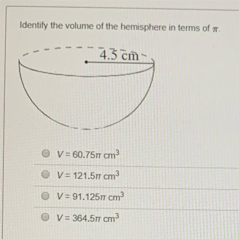 Identify the volume of the hemisphere in terms of pi.-example-1