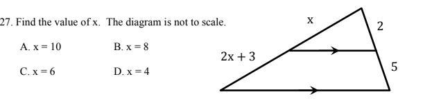 Find the value of x. The diagram is not to scale.-example-1