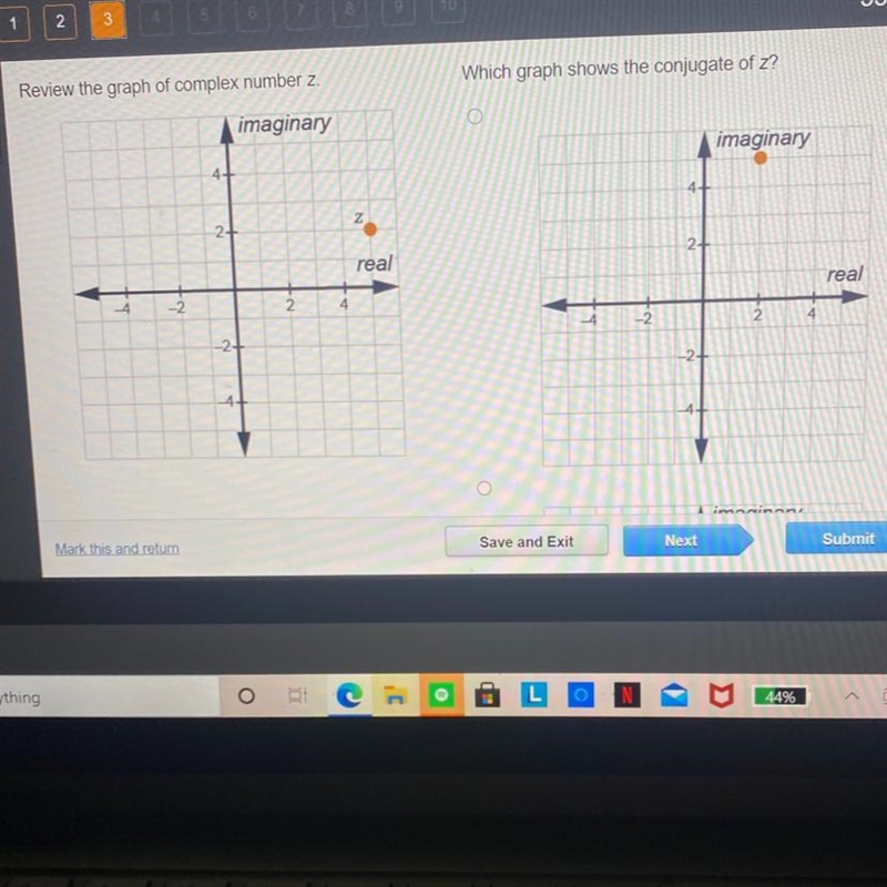 Review the graph of complex number z Which graph shows the conjugate of Z?-example-1