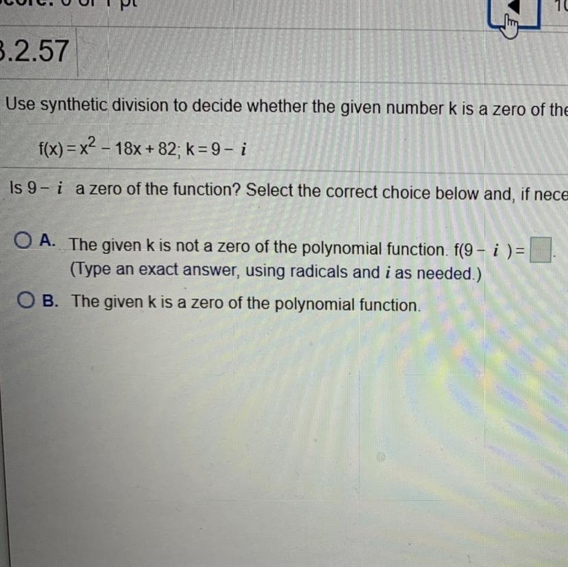 Use synthetic division to decide whether the given number k is a zero of the polynomial-example-1