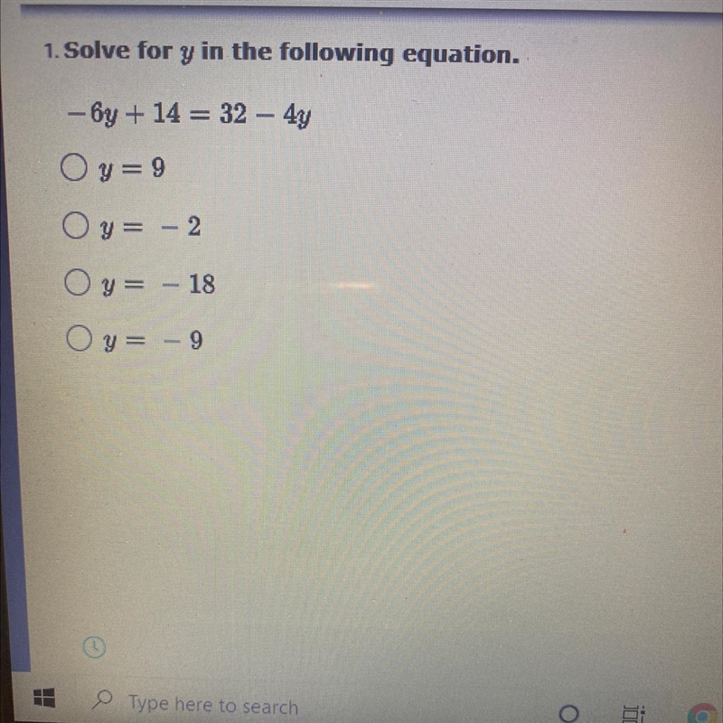 Solve for y in the following equation.-example-1