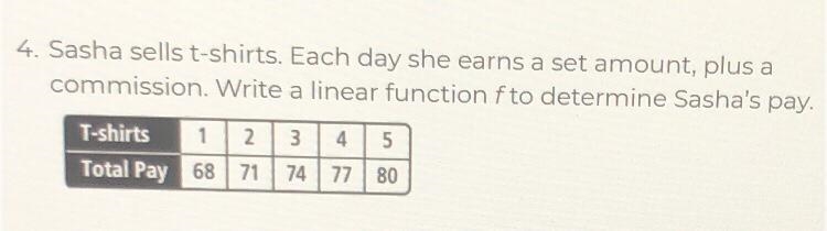 4. Sasha sells t-shirts. Each day she earns a set amount, plus a commission. Write-example-1