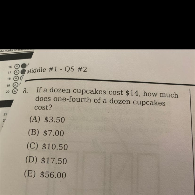 If a dozen cupcakes cost $14, how much does one-fourth of a dozen cupcakes cost?-example-1