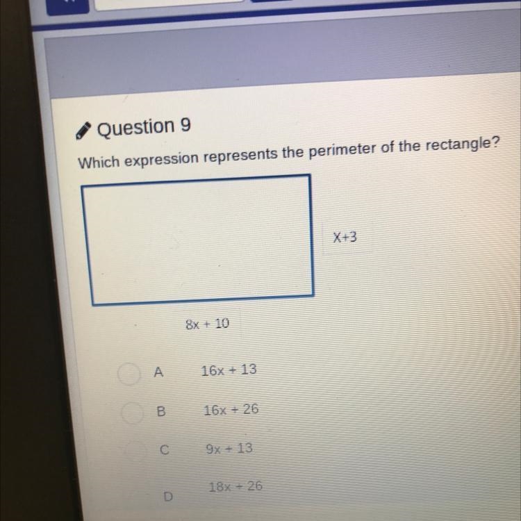 Which expression represents the perimeter of the rectangle? X+3 8x + 10 D 16x + 13 B-example-1