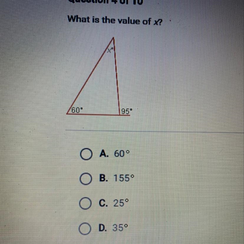 What is the value of x? A. 60° B. 155 C. 25° D. 35°-example-1