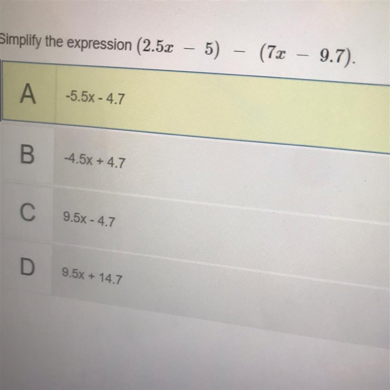 Simply the expression (2.5x - 5) - (7x - 9.7)-example-1