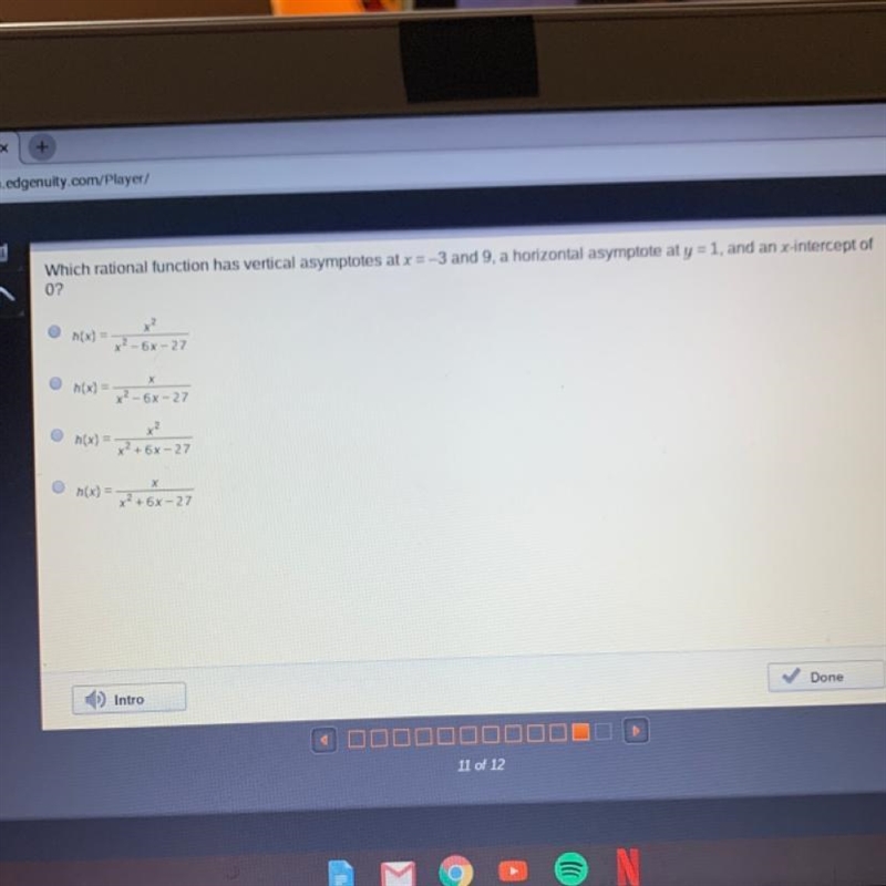 Which rational function has vertical asymptotes at x = -3 and 9. a horizontal asymptote-example-1