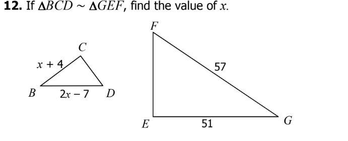 If ∆BCD ~ ∆GEF, find the value of x.-example-1