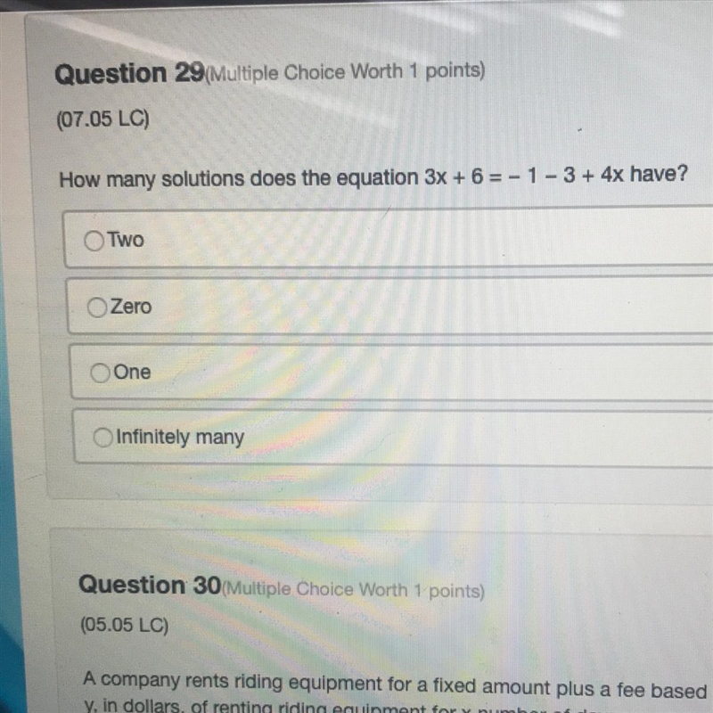 How many solutions does the equation 3x + 6 =- 1 - 3 + 4x have? TWO Zero One Infinitely-example-1