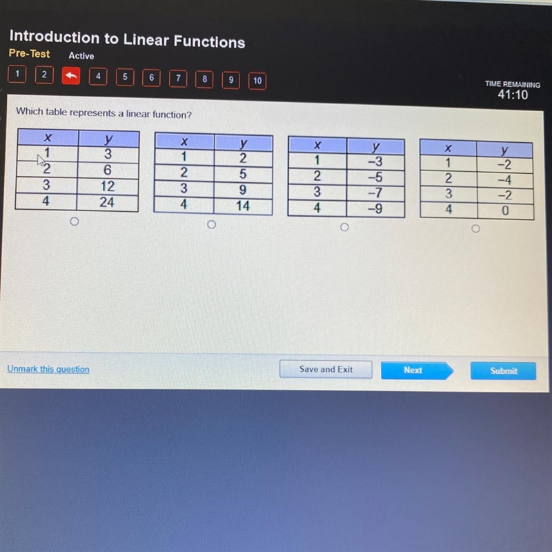 Which table represents a linear function? Plz answer quickly!!! Thank you! :)-example-1