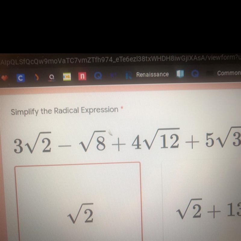 Simplify the Radical Expression 3V2 - V8 +4V12+53-example-1