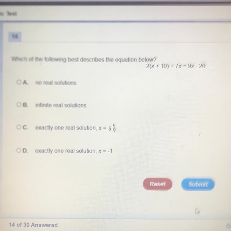 Which of the following best describes the equation below? 2(x + 1) + 7x = $x - 20 A-example-1