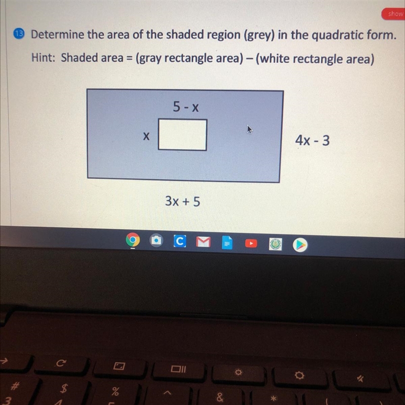 Determine the area of the shaded region (grey) in the quadratic form. Hint: Shaded-example-1