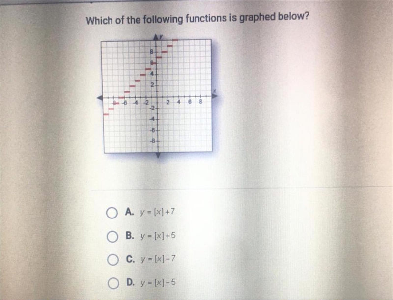 Which of the following functions is graphed below? A. y = [X]+7 B. y = [X] +5 C. y-example-1