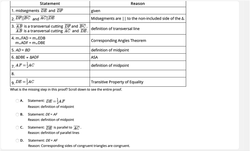 Given: DF and DE are midsegments of ∆ABC Prove: DE= 1/2 AC (PLEASE HELP)-example-2