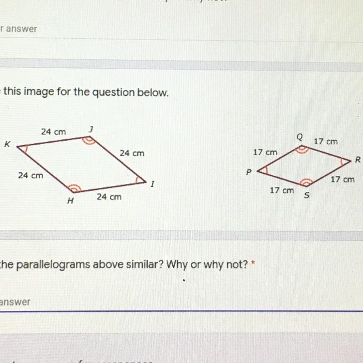 HELP!! ASAP!! Are the parallelograms above similar? Why or why not?-example-1