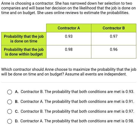 Anne is choosing a contractor. She has narrowed down her selection to two companies-example-1