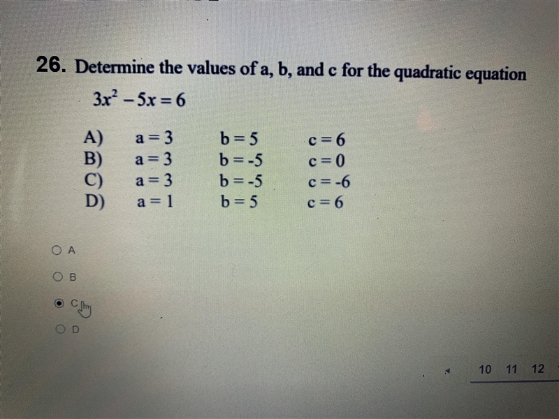 Determine the values of a, b, and c for the quadratic equation 3x^2 -5x=6-example-1