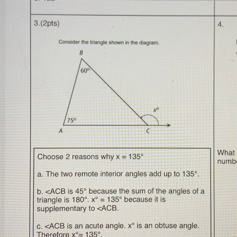 Consider the triangle shown in the diagram 8 60° 75° Choose 2 reasons why x = 135° a-example-1