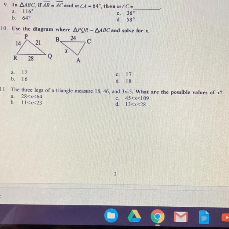 The three legs of a triangle measure 18, 46, and 3x-5. What are the possible values-example-1