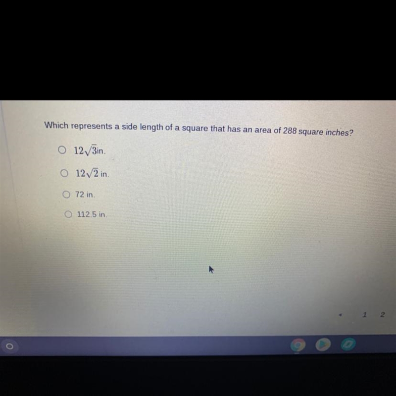 Which represents a side length of a square that has an area of 288 square inches?-example-1