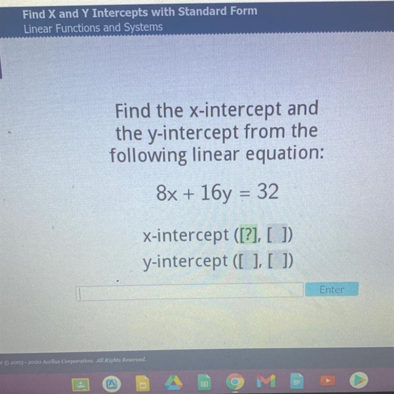 Find the x-intercept and the y-intercept from the following linear equation: 8x + 16y-example-1