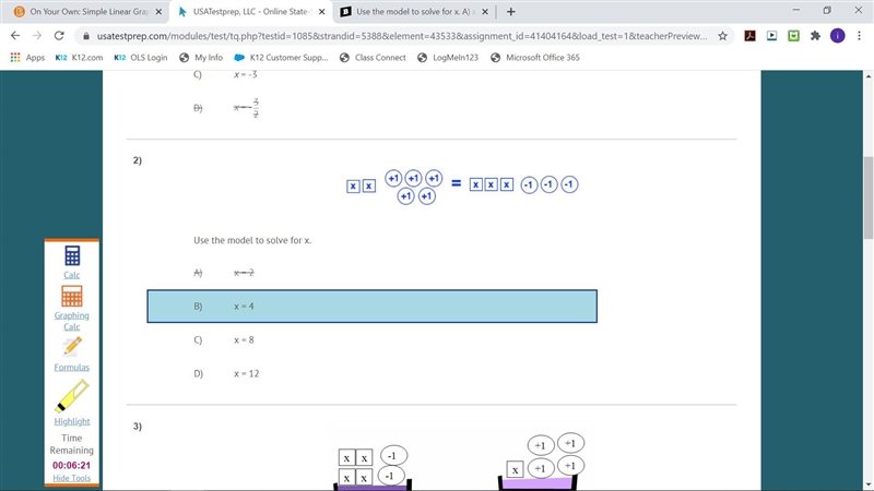 Use the model to solve for x. A) x = -2 B) x = 4 C) x = 8 D) x = 12-example-1