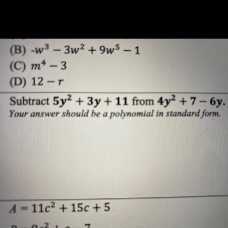 Subtract 5y^2 + 3y + 11 from 4y^2 + 7 - 6y-example-1