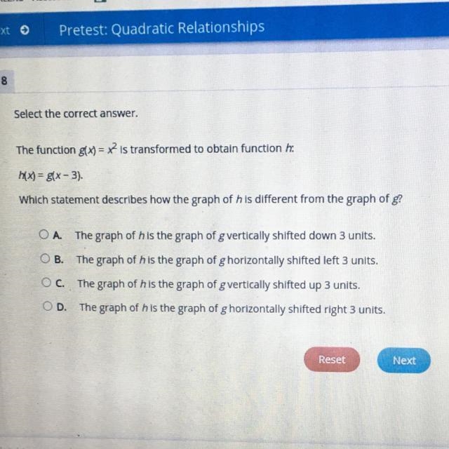 The function gx) = x^2is transformed to obtain function hr. h(x) = g(x-3). Which statement-example-1