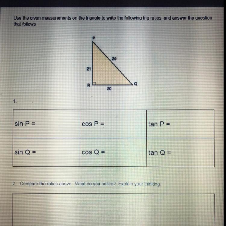 Use the given measurements on the triangle to write the following trig ratios and-example-1