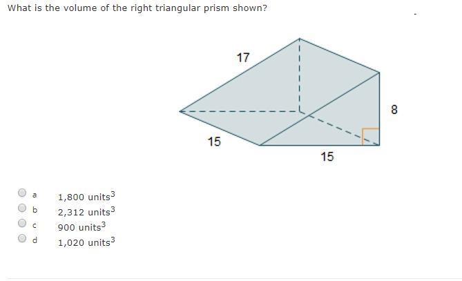 What is the volume of the right triangular prism shown? a 1,800 units3 b 2,312 units-example-1