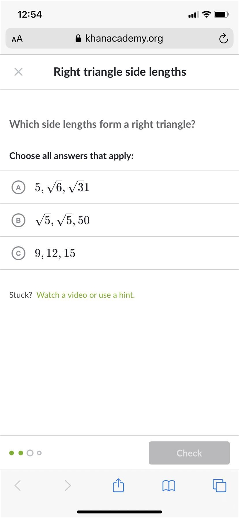 Which side lengths form a right triangle?-example-1